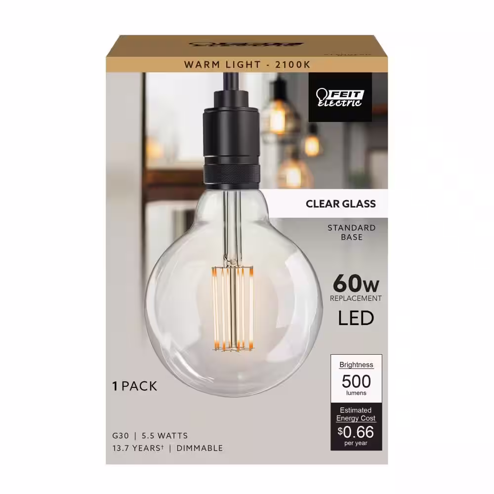 Feit Electric 60-Watt Equivalent G30 Dimmable Cage Filament Clear Glass E26 Vintage Edison LED Light Bulb, Warm White