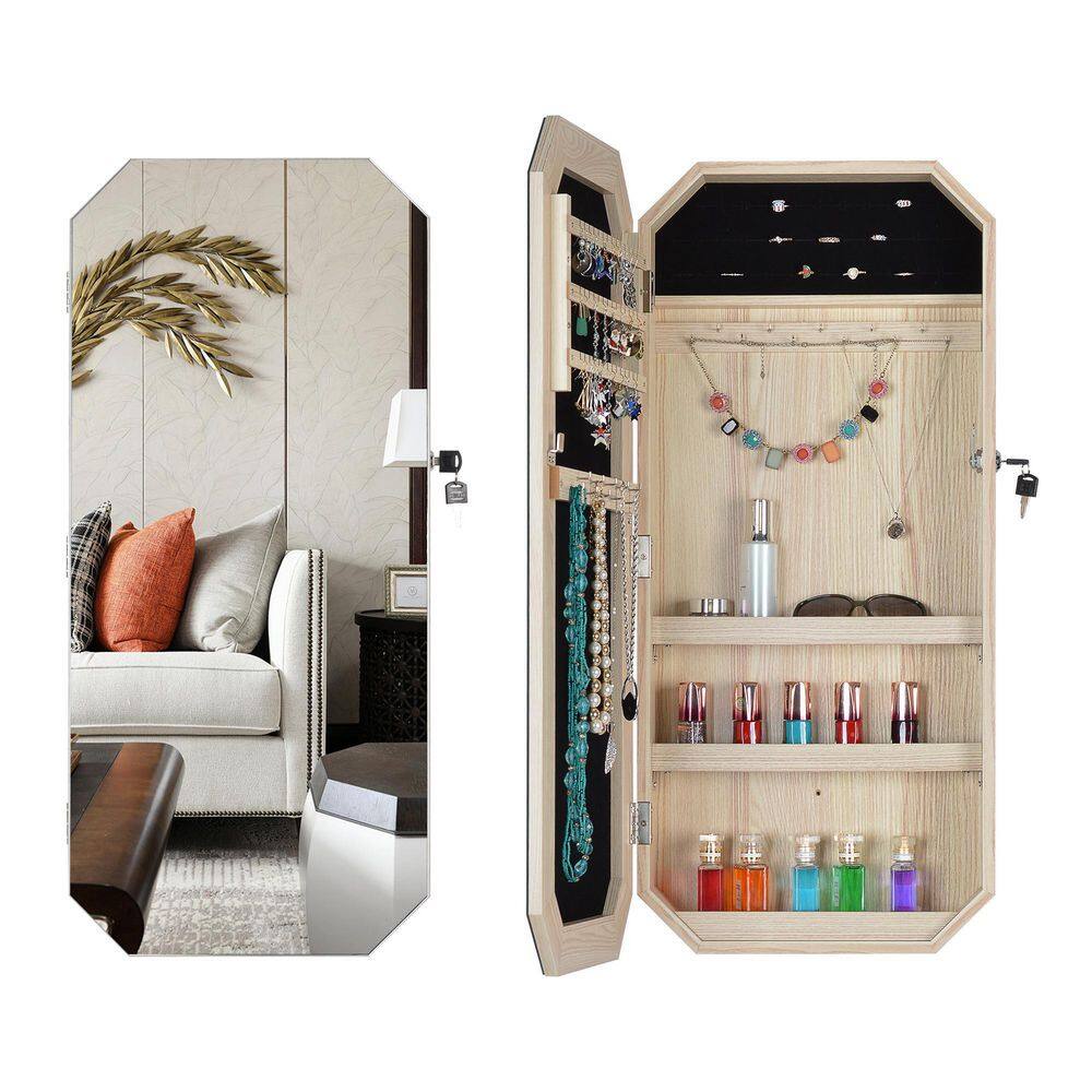 Unbranded Octagon Natural Rimmed Mirror Fashion Simple Jewelry Storage Cabinet