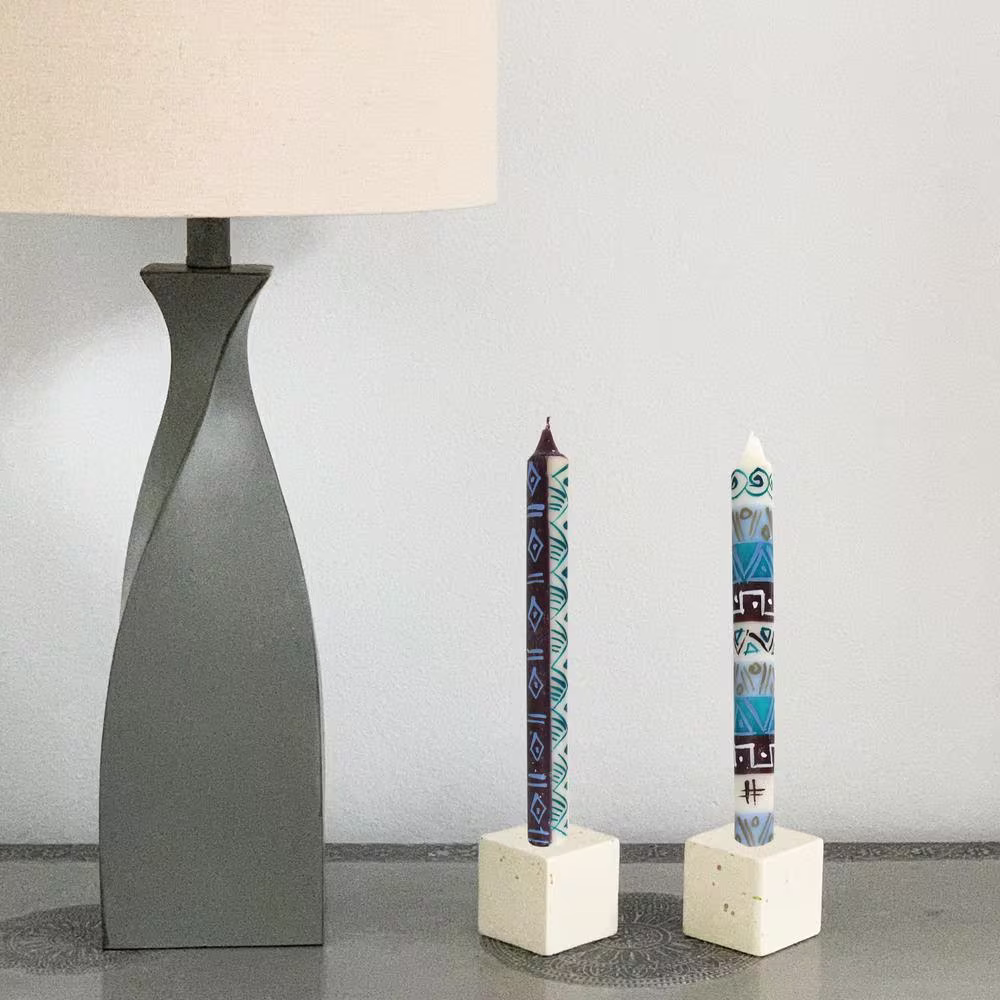 None Unscented Hand-Painted Dinner Candles in Blue, Boxed Set of 3 (Maji Design)