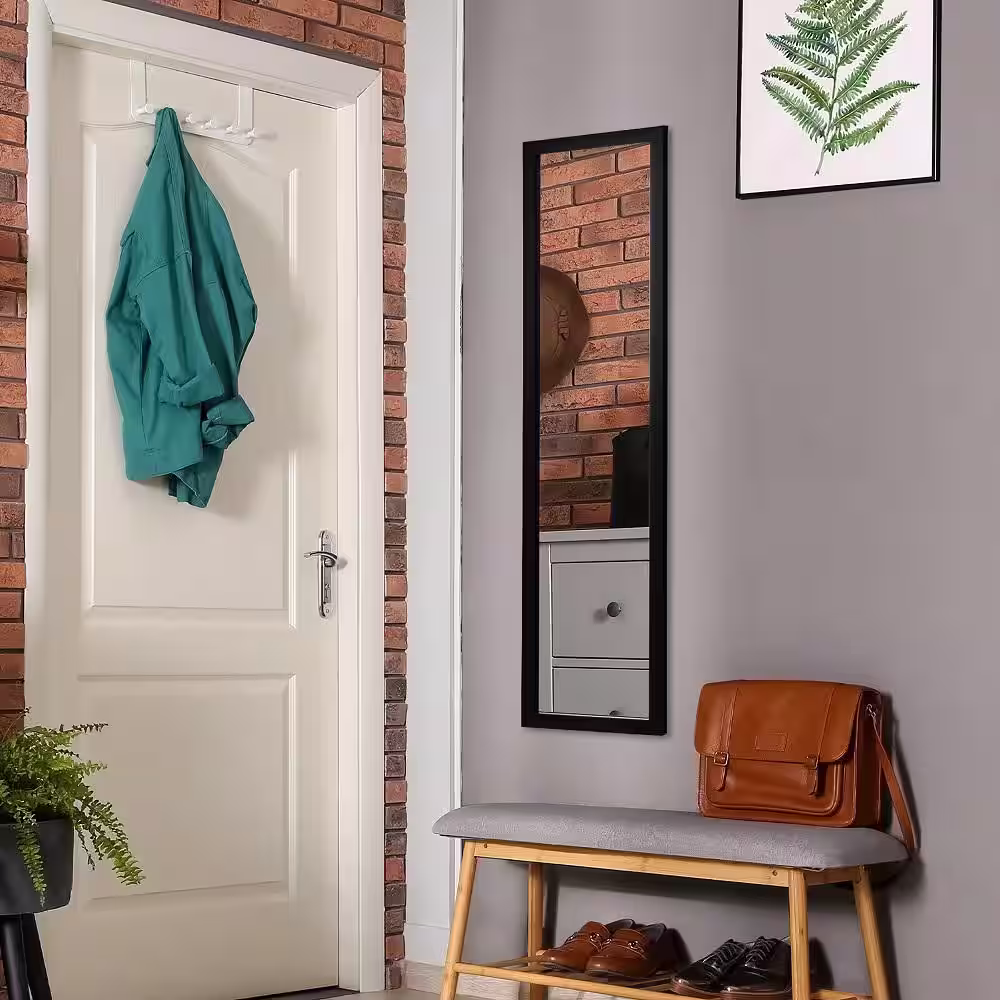 Gymax 13 in. W x 47 in. H Modern Rectangle Wood Full Length Over the Door Mirror Hanging Hooks Wall Mount Dressing Black