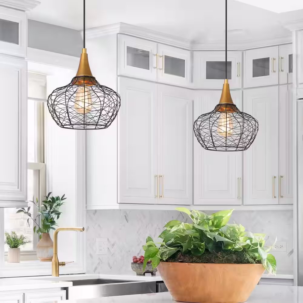Uolfin Modern Kitchen Island Pendant Lighting 1-Light Industrial Black & Brass Caged Hanging Pendant Lighting for Dining Room