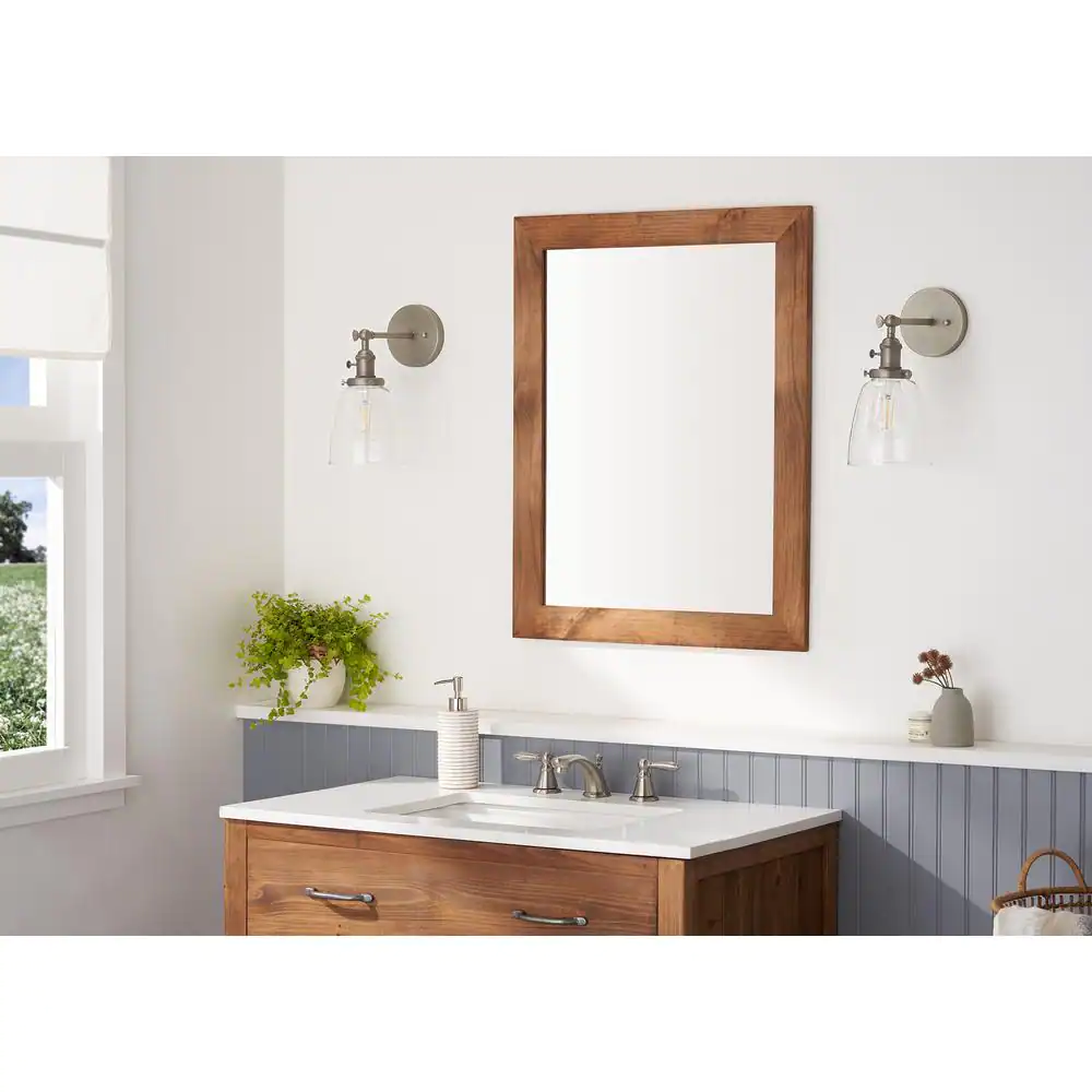 None 31 in. x 24 in. Farmhouse Rectangle Solid Wood Framed Walnut Finish Bathroom Vanity Wall Mirror