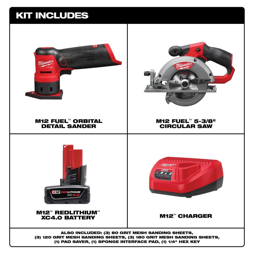 Milwaukee M12 FUEL 12-Volt Lithium-Ion Brushless Cordless Detail Sander and M12 FUEL 5-3/8 in. Circular Saw with Battery & Charger
