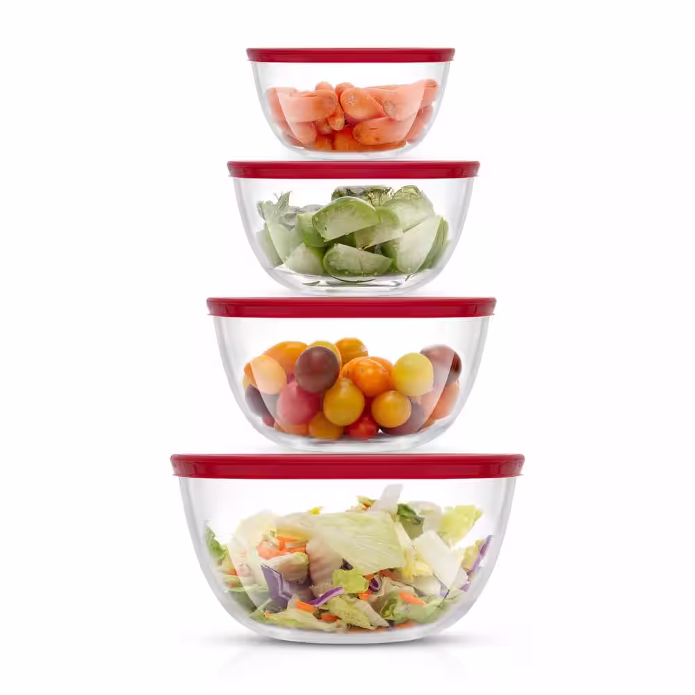 JoyJolt Joyful Red 4-Glass Mixing Bowls Set With Airtight Lids
