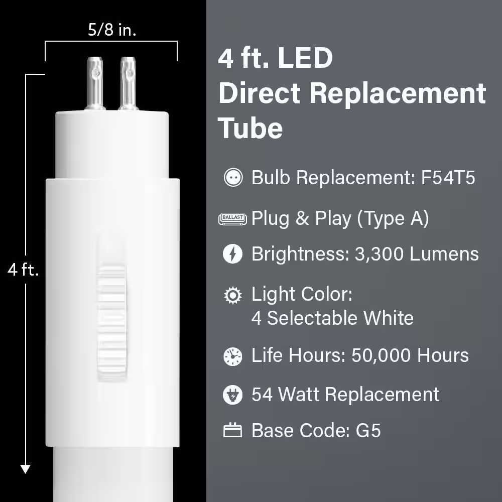 Feit Electric 32-Watt 4 ft. T5 G13 Type A Plug and Play High Output Linear LED Tube Light Bulb, Selectable White (2-Pack)