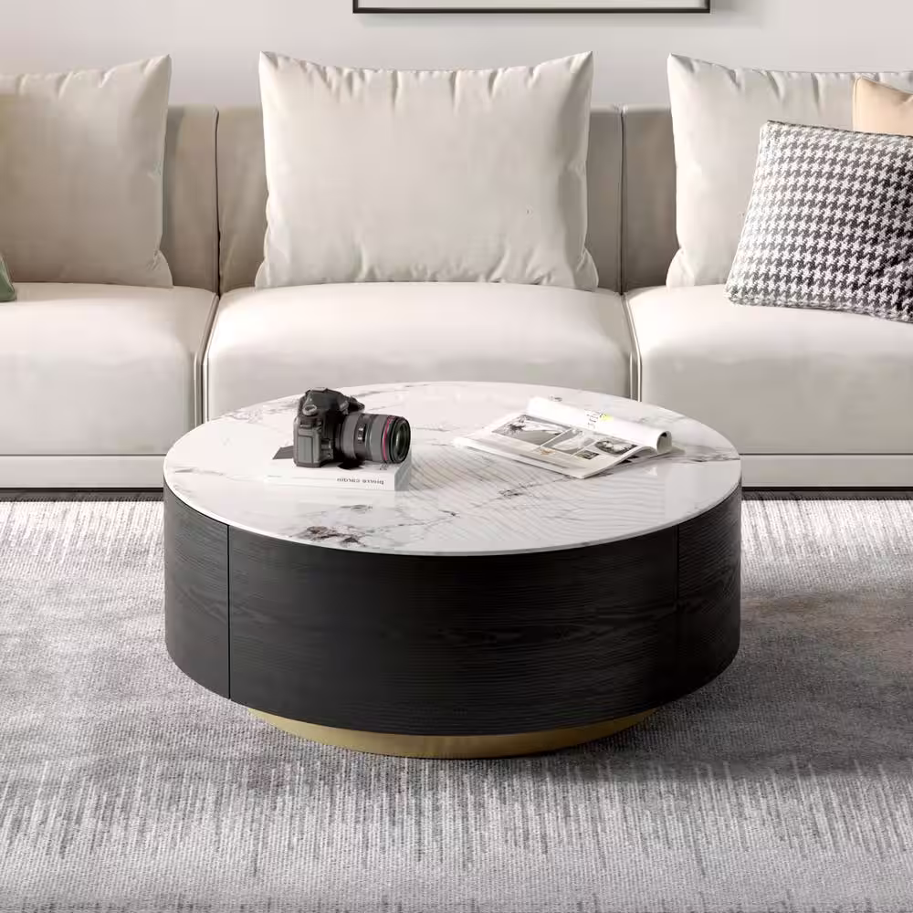 Magic Home 33.47 in. Black Drum Modern Sintered Stone Top Coffee Table with 2 Drawers