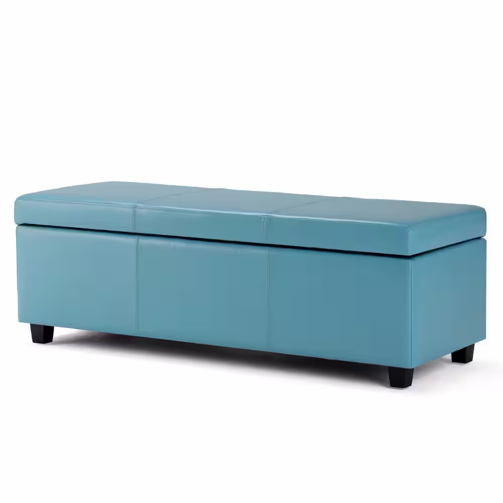 Simpli Home Avalon 48 in. Contemporary Storage Ottoman in Blue Faux Leather