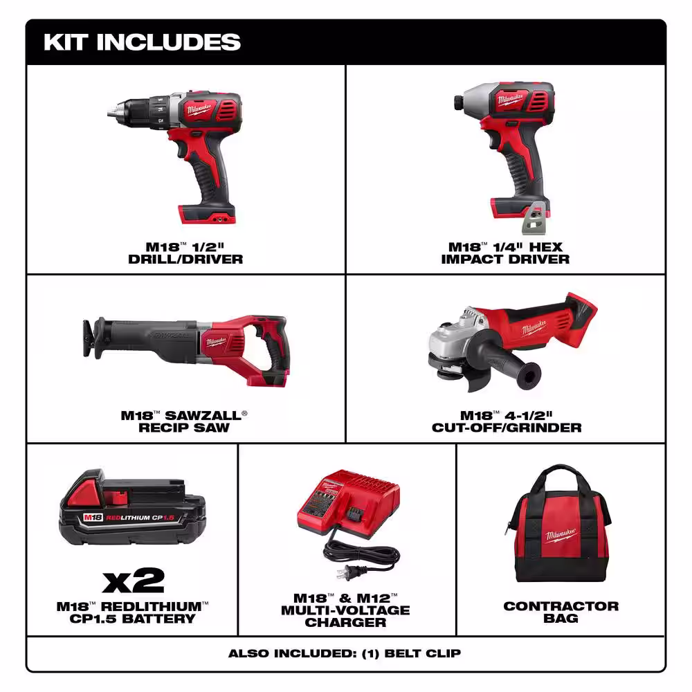 Milwaukee M18 18V Lithium-Ion Cordless Drill Driver/Impact Driver Combo Kit (2-Tool) W/ Reciprocating Saw & Cut-Off/Grinder