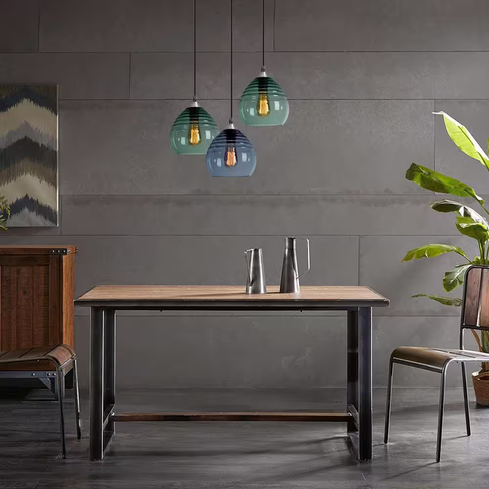 Casamotion Ripple 8 in. W x 7 in. H 1-Light Silver Hand Blown Glass Pendant Light with Grey-Blue Glass Shade