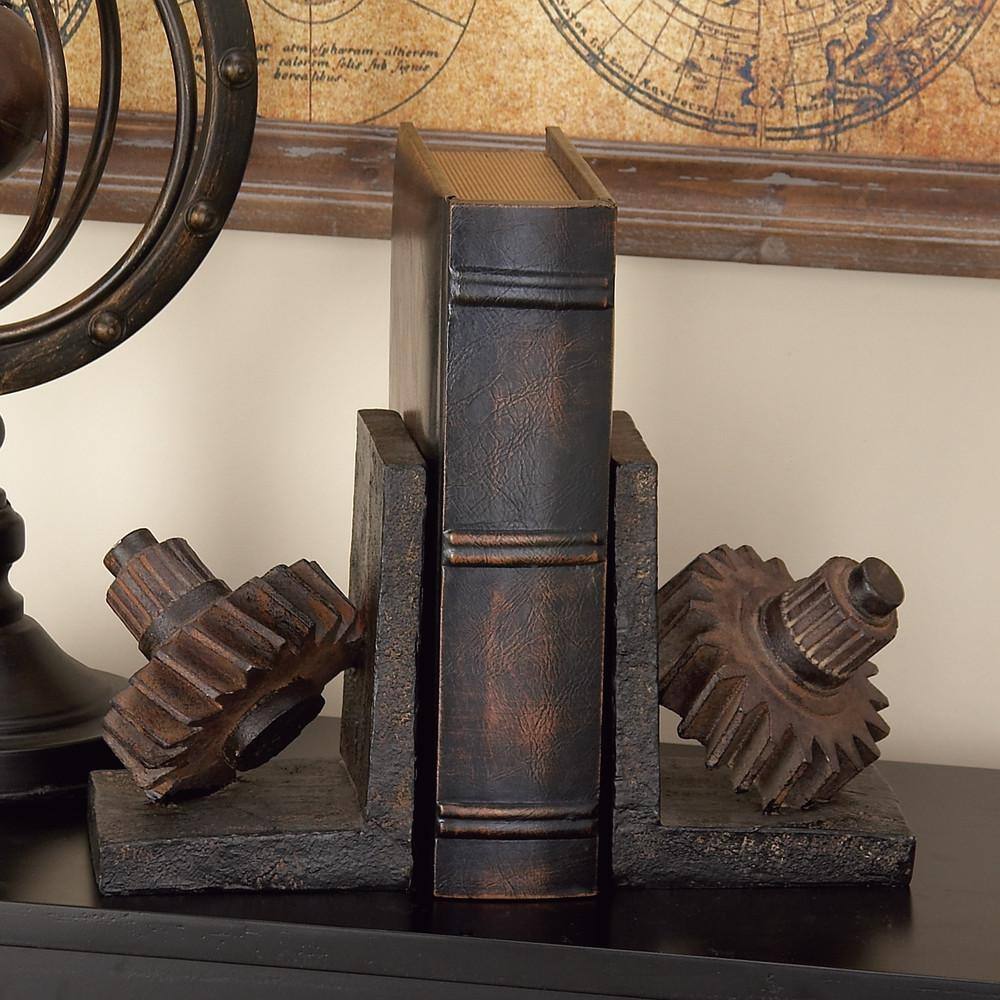 Litton Lane Brown Polystone Gear Bookends (Set of 2)