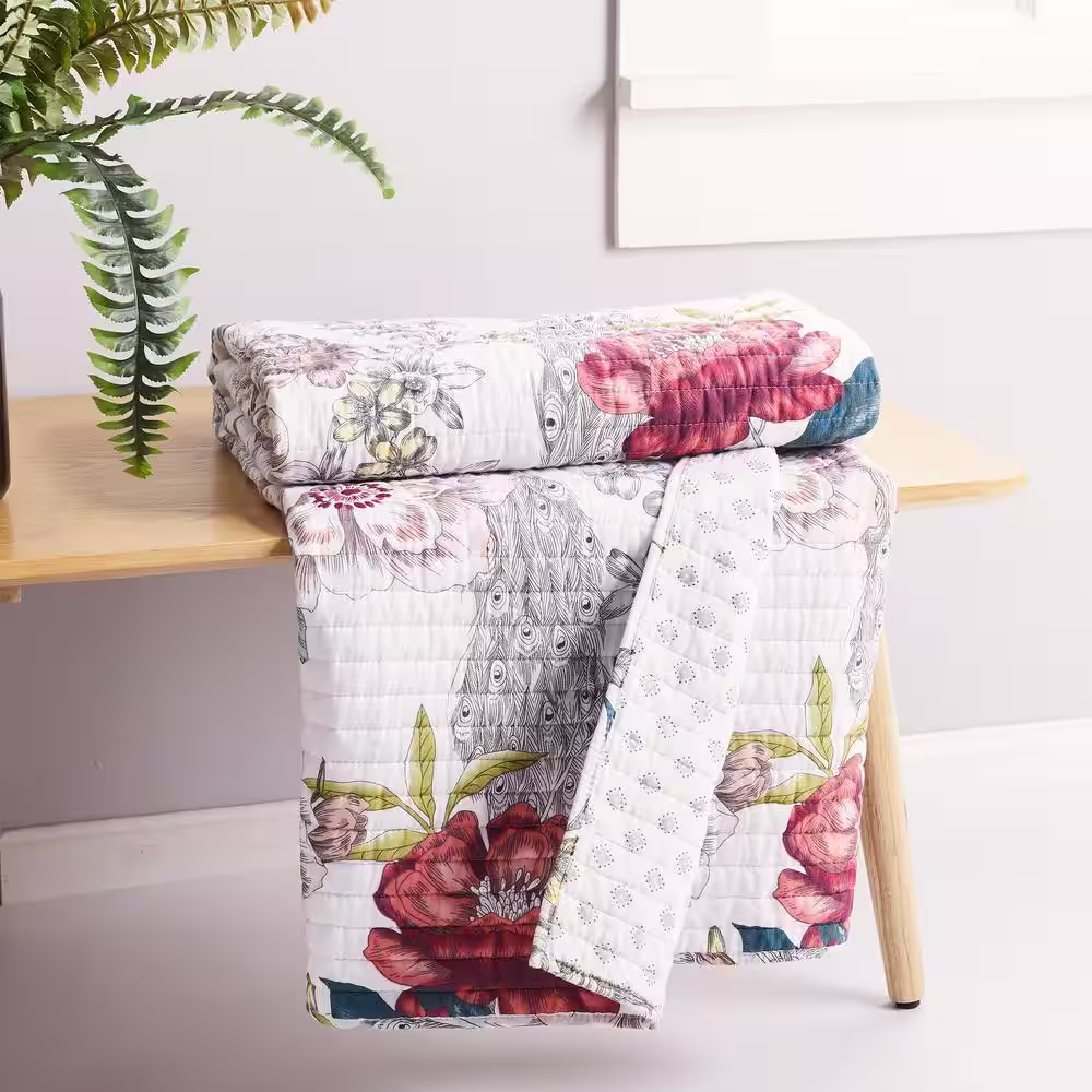 None Montecito Multi-Color Floral, Bird Quilted Cotton Throw Blanket