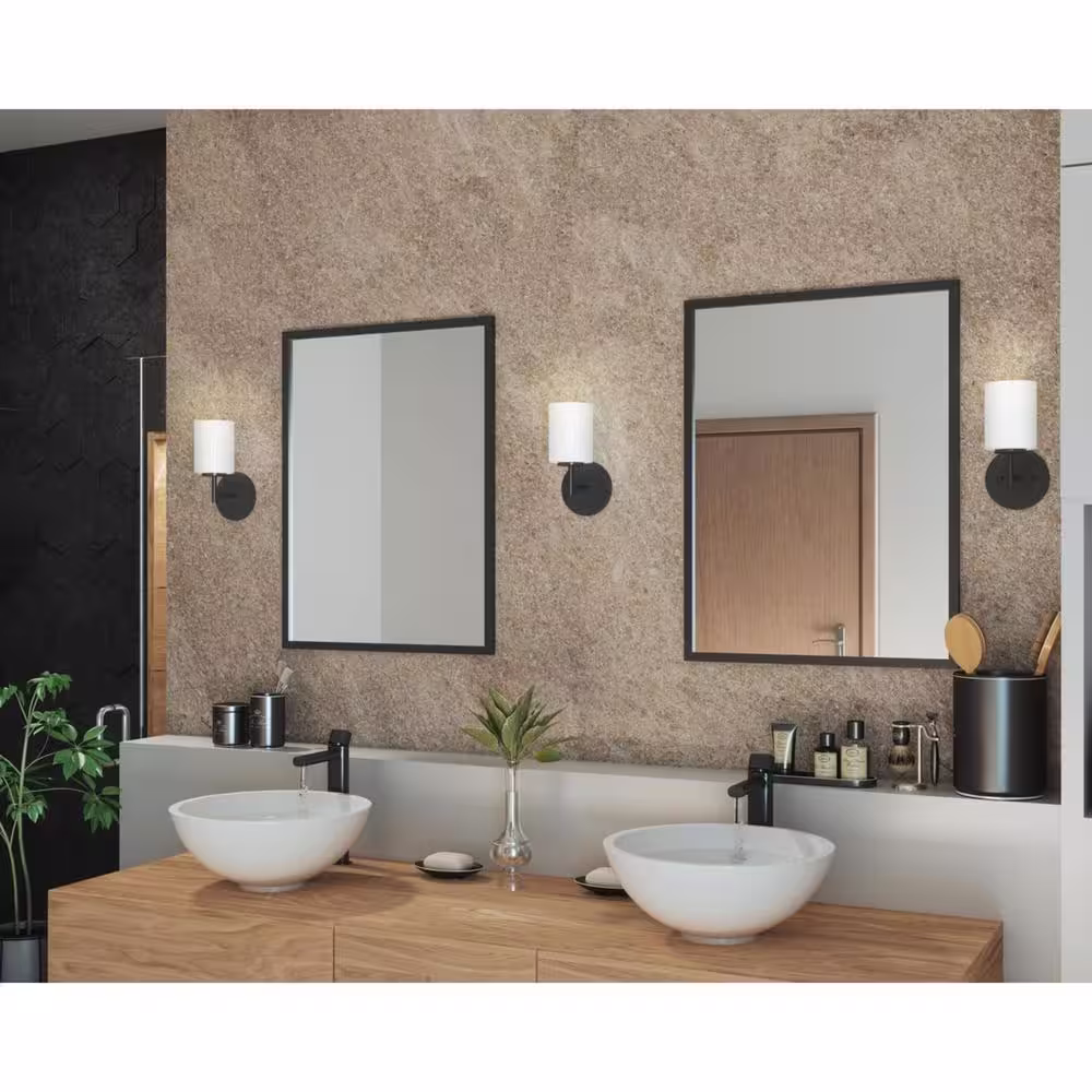 Progress Lighting Replay Collection 5-1/4 in. 1-Light Black Etched White Glass Modern Bathroom Vanity Wall Light