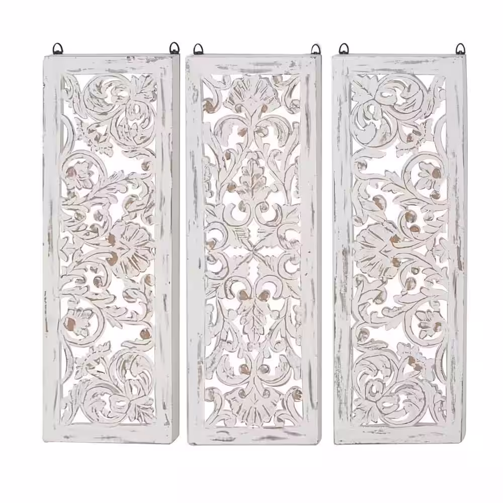 Litton Lane Wood White Handmade Intricately Carved Floral Wall Decor (Set of 3)