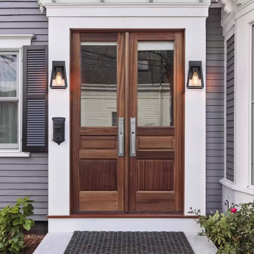 LNC Modern Matte Black 1-Light Lantern Outdoor Sconce Industrial Linear Outdoor Wall Light with Seeded Glass Shade