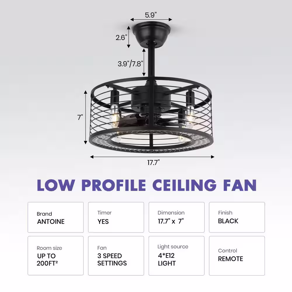 ANTOINE 17 in. Black Ceiling Fan Caged Ceiling Fan Indoor with Lights and Remote Enclosed Ceiling Fan