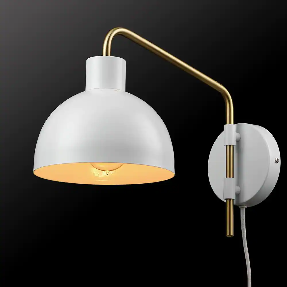 Globe Electric Dimitri 1-Light Matte White Plug-In or Hardwire Wall Sconce with Antique Brass Accent and White Fabric Cord