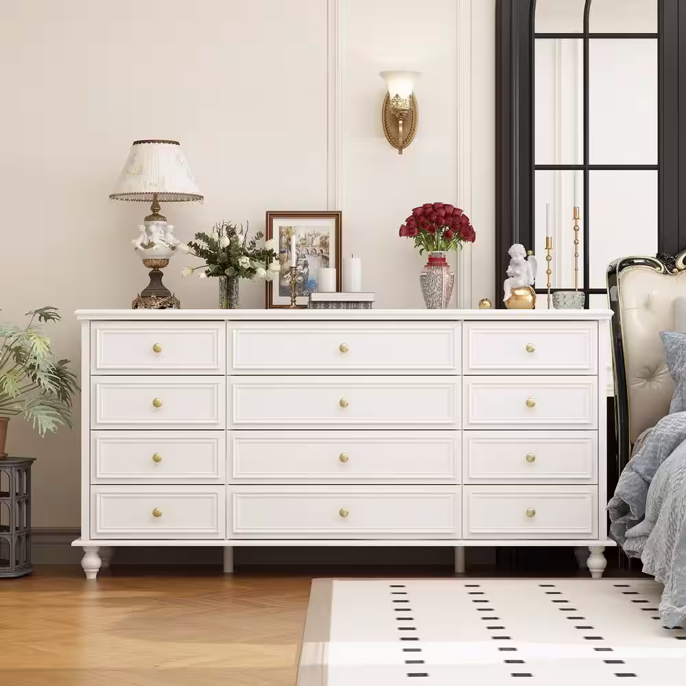 FUFU&GAGA White Wooden 63 in. Width Wooden 12 Drawer Dresser, Storage Cabinet Console with Wooden Legs, European Style