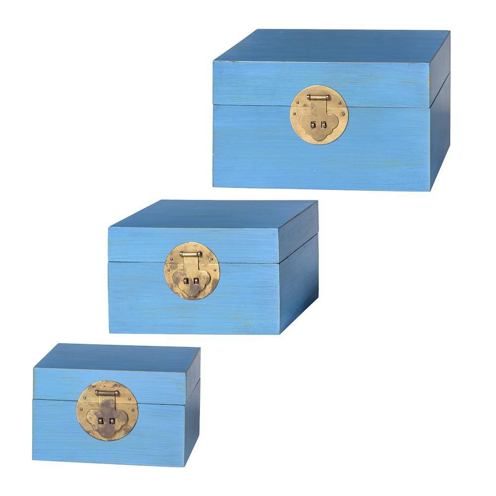 None Currata Dann Foley Blue Wooden Chinoiserie Decorative Boxes (Set of 3)