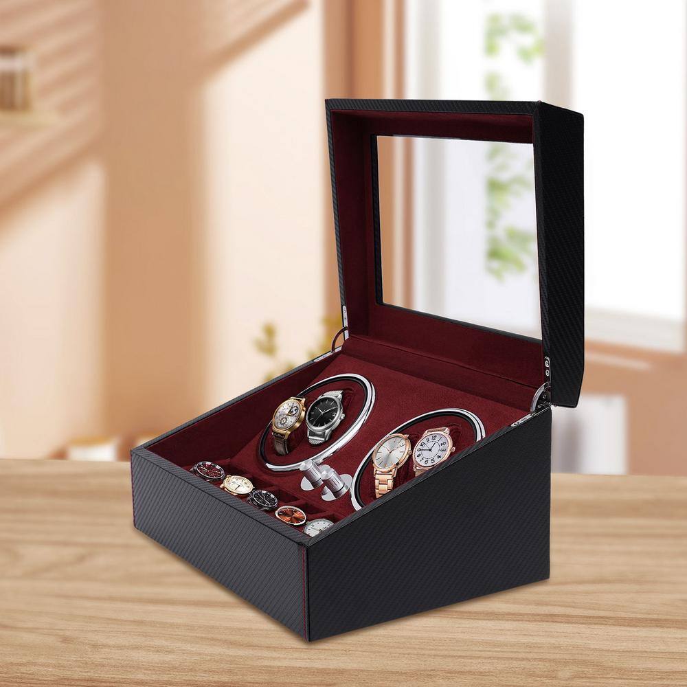 None Black Automatic Watch Winder with Extra 6 Watch Storages LED Illumination PU Shell Silent Motor