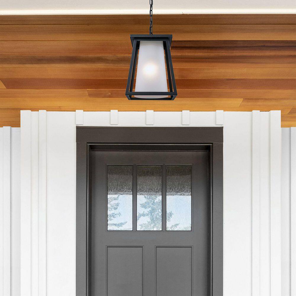 Bel Air Lighting Kingsbury 1-Light Black Hanging Outdoor Pendant Light Fixture with Frosted Glass