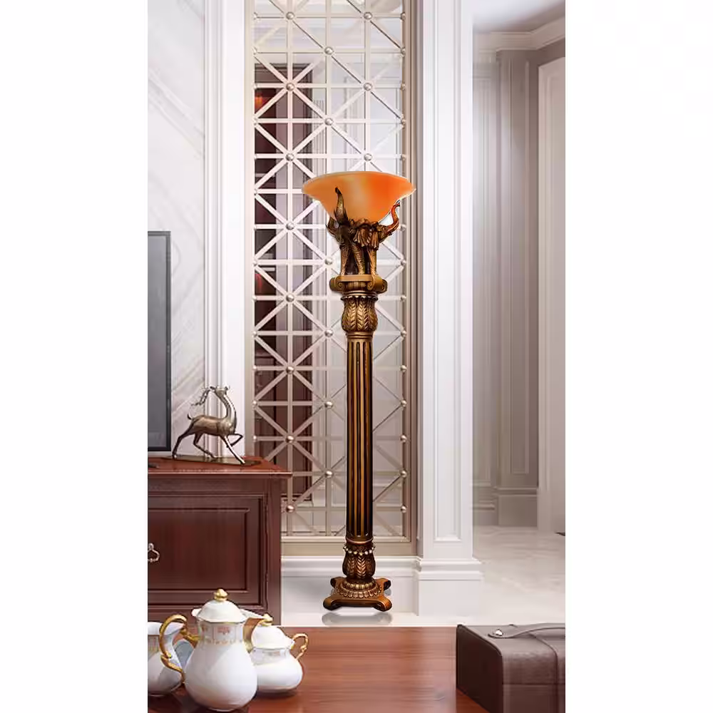 ORE International 72 in. Antique-Gold Elephant Torchiere Floor Lamp