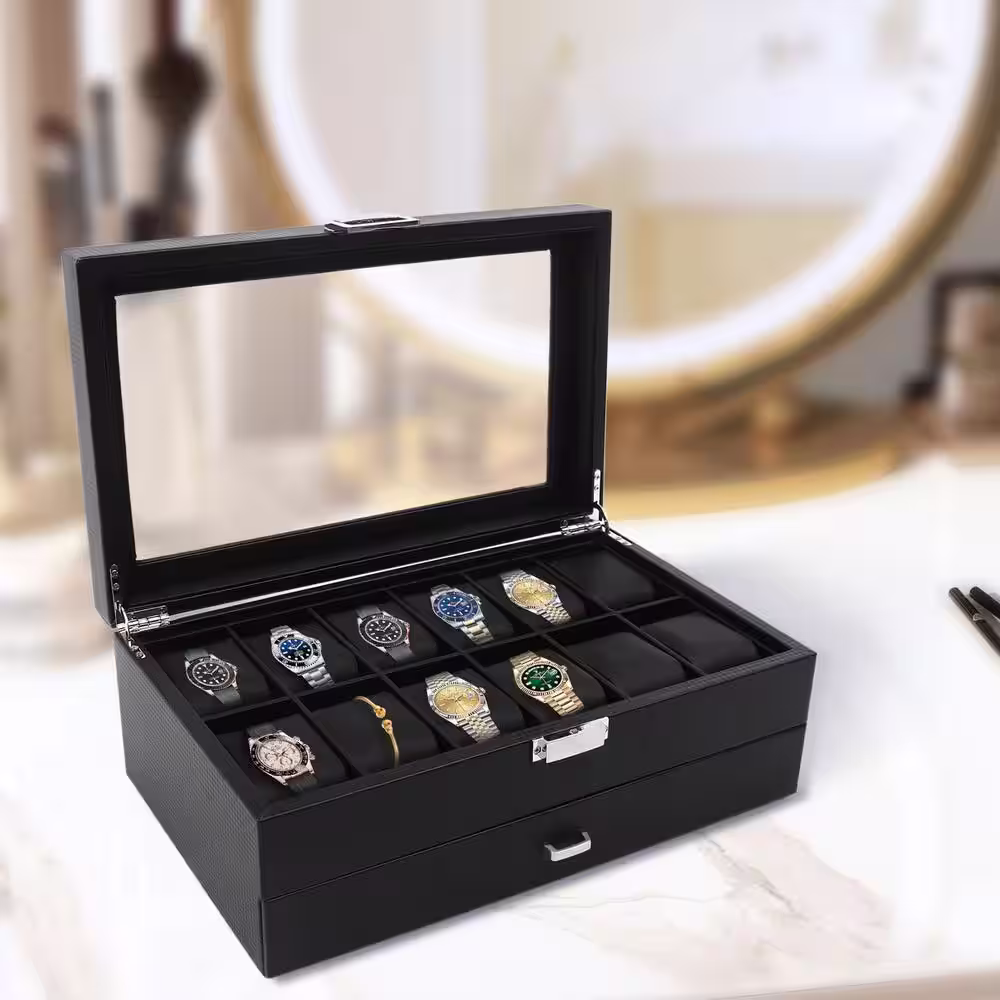 None Watch Box 24 Slot Case Glass Top Black and Display Organizer Lockable