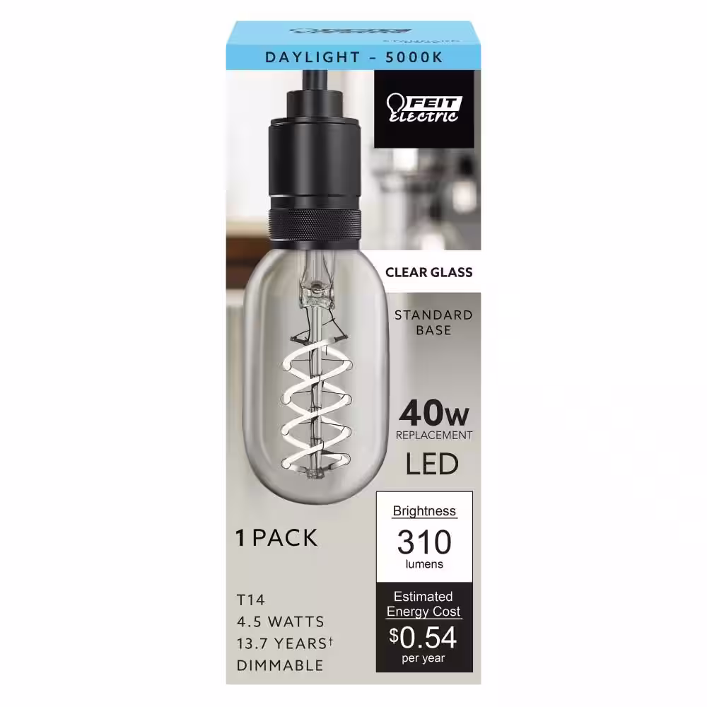 Feit Electric 40-Watt Equivalent T14 Dimmable Spiral Filament Clear Glass E26 Vintage Edison LED Light Bulb, Daylight (12-Pack)