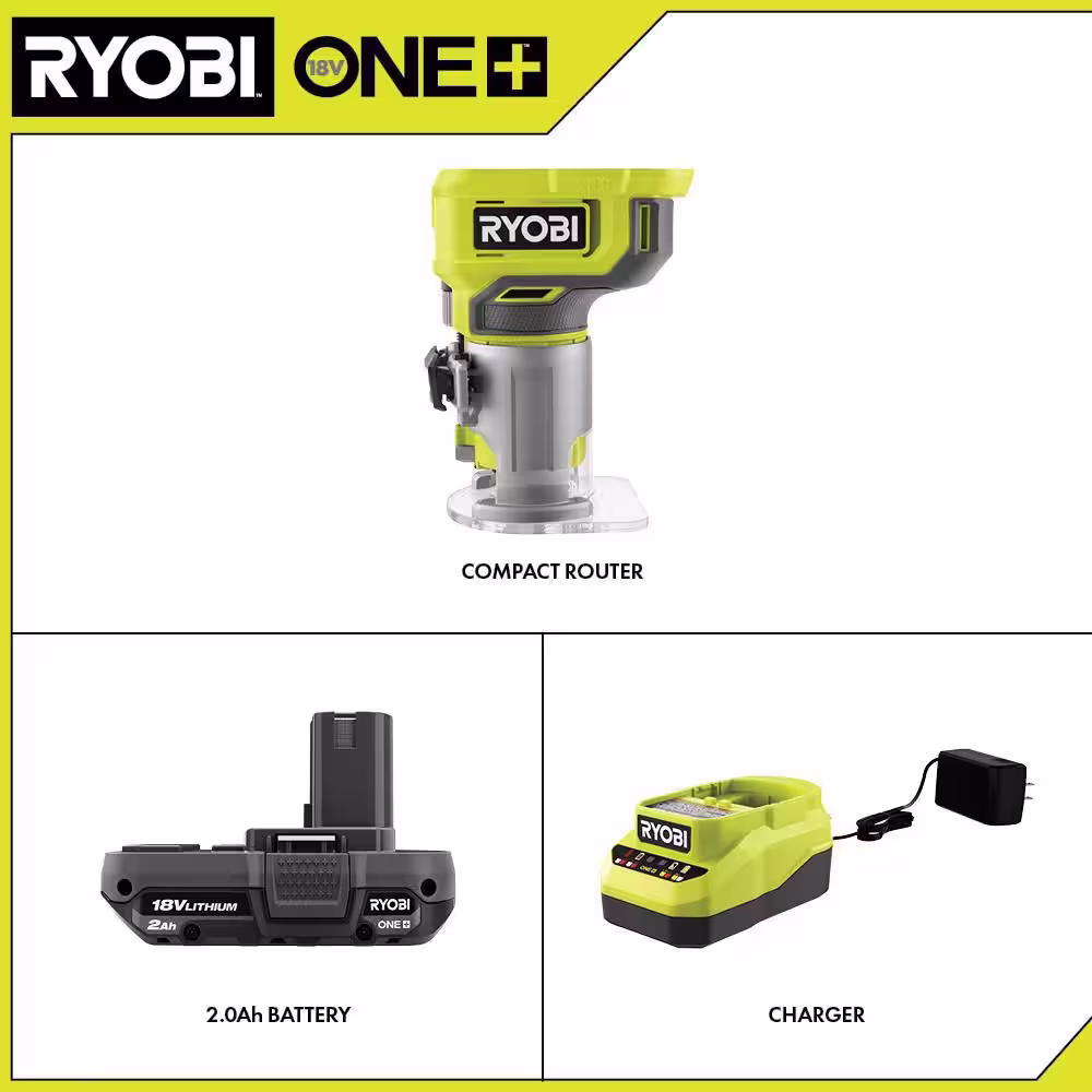 RYOBI ONE+ 18V Cordless Compact Router Kit with 2.0 Ah Battery and Charger