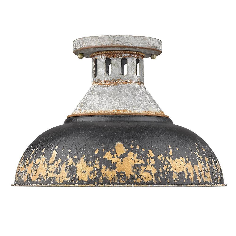 Golden Lighting Kinsley 14 in. 1-Light Aged Galvanized Steel Antique Black Iron Semi-Flush Mount