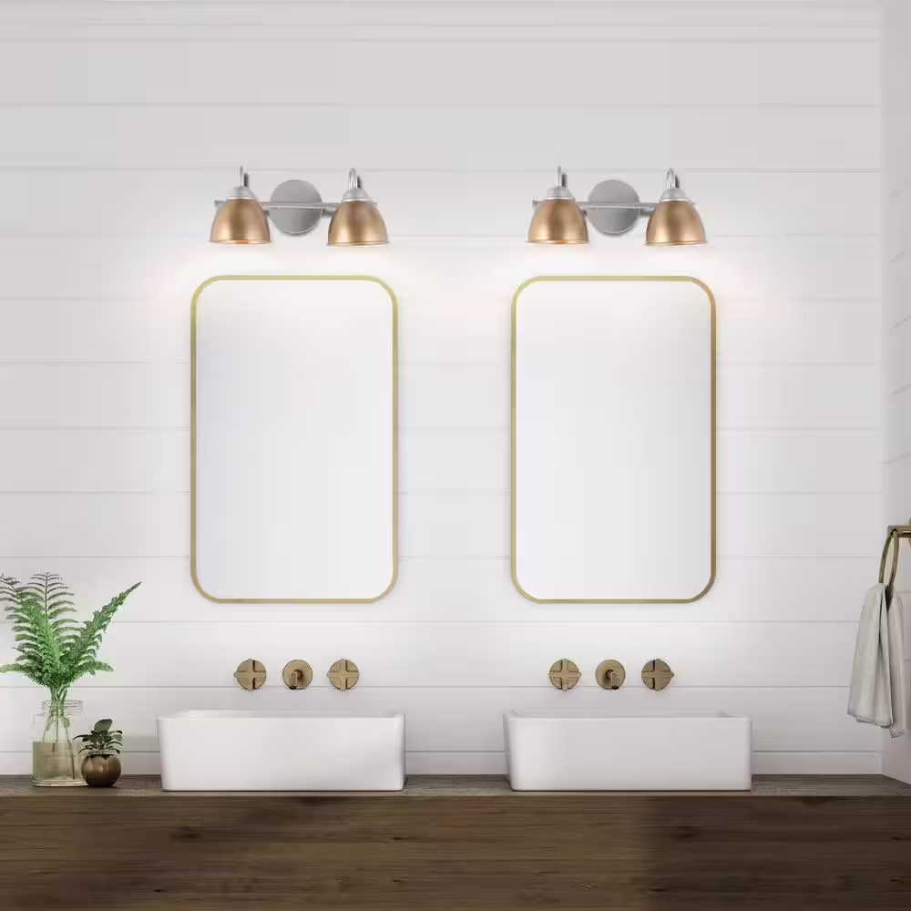 Uolfin 15 in. Modern Wall Sconce, 2-Light Transitional Gold and Silver Bathroom Vanity Light with Metal Bowl Shade