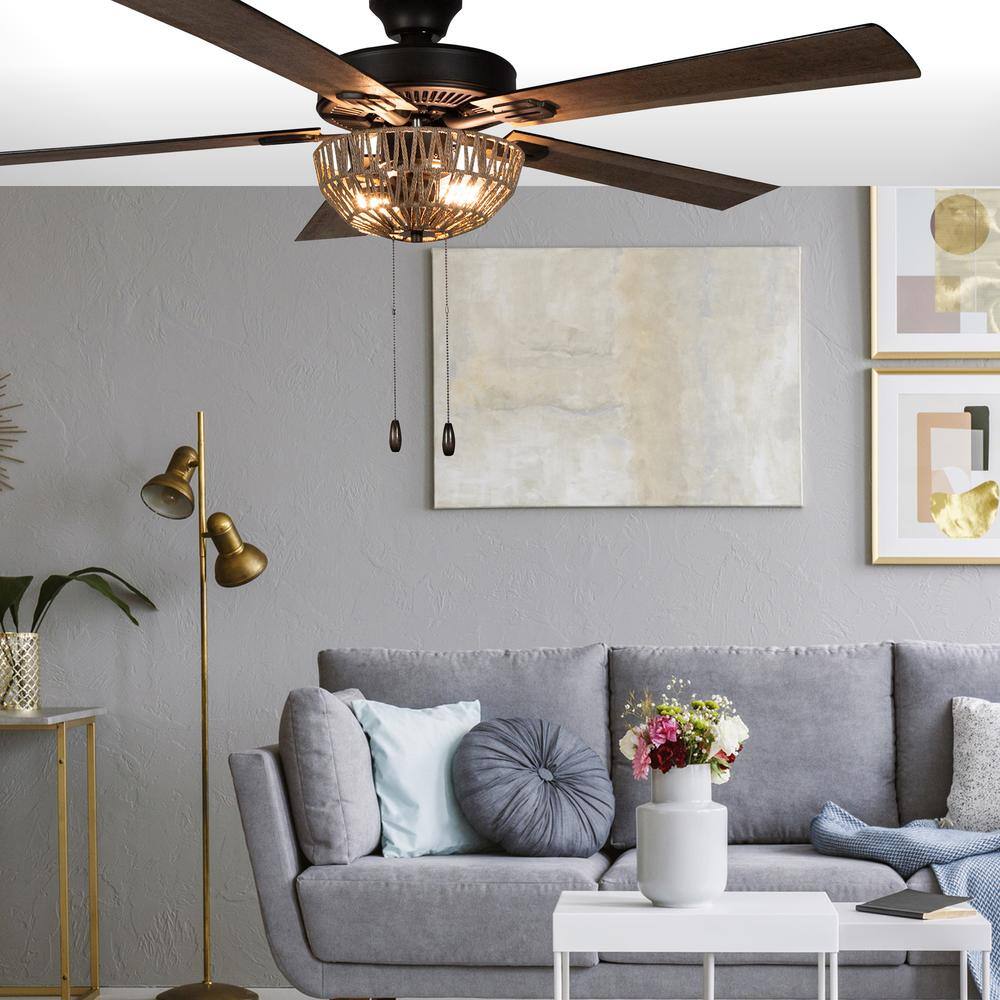 River of Goods Zarah 52 in. LED Indoor Brown Rope Ceiling Fan with Light