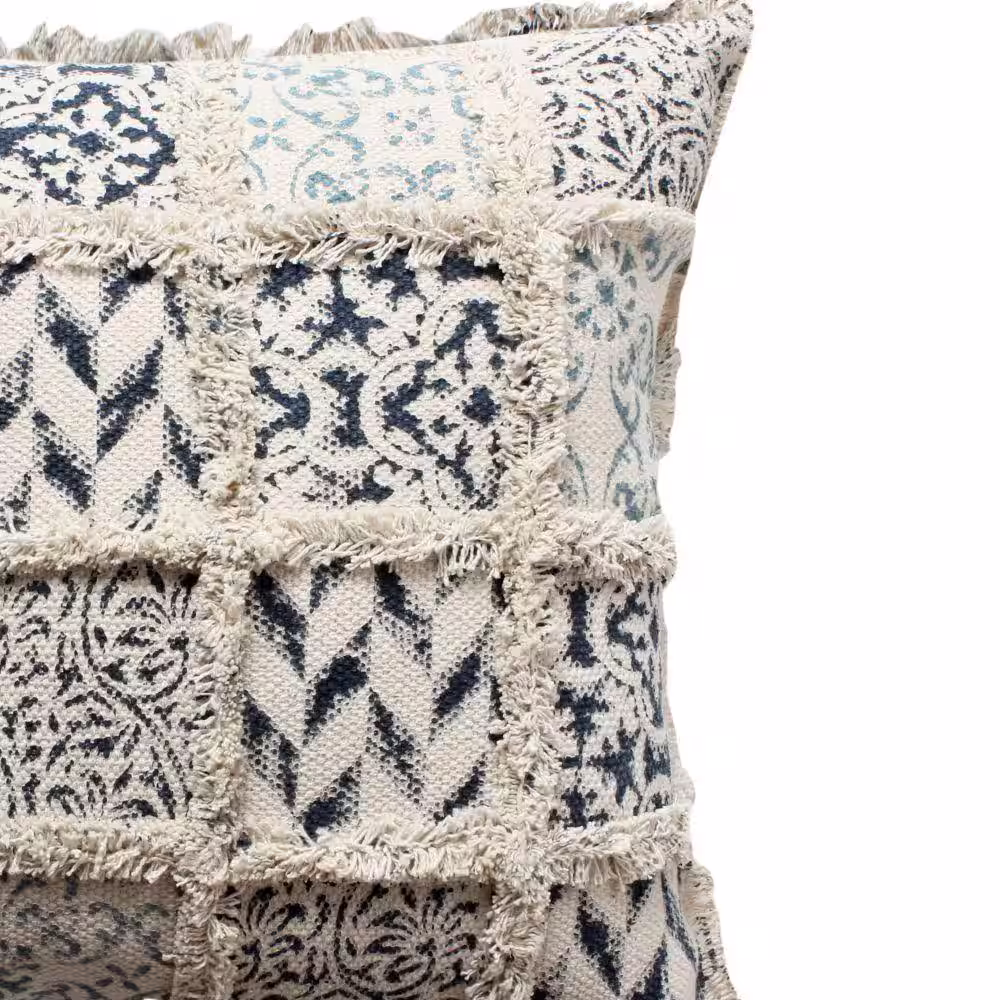 THE URBAN PORT Cream and Blue Soft Block Print Raised Pattern 18 in. x 18 in. Square Cotton Accent Throw Pillow (Set of 2)