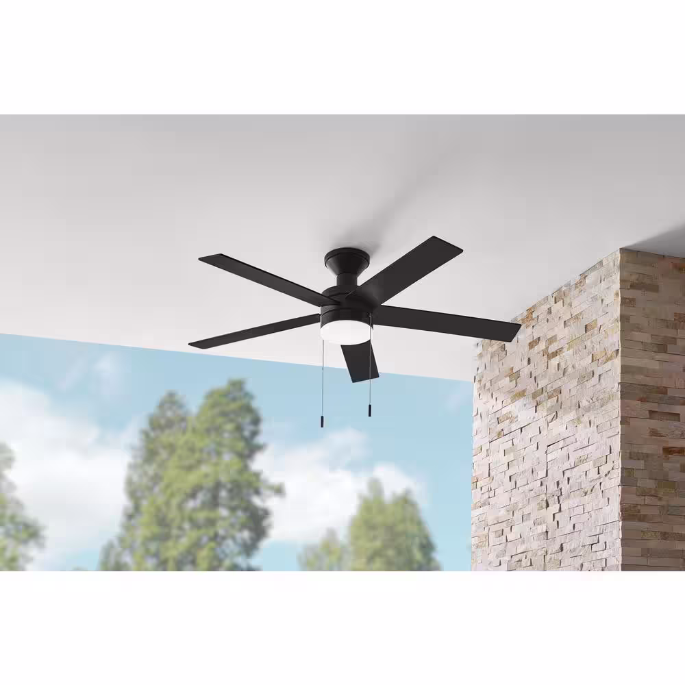 Hampton Bay Caltris 52 in. Integrated LED Indoor/Outdoor Matte Black Ceiling Fan with Light and Pull Chains Included