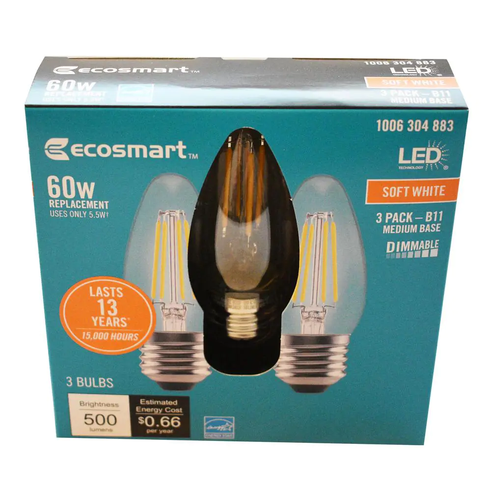 EcoSmart 60- -Watt Equivalent B11 Dimmable Blunt Tip Candle Clear Glass Edison Filament LED Light Bulb Soft White (3-Pack)