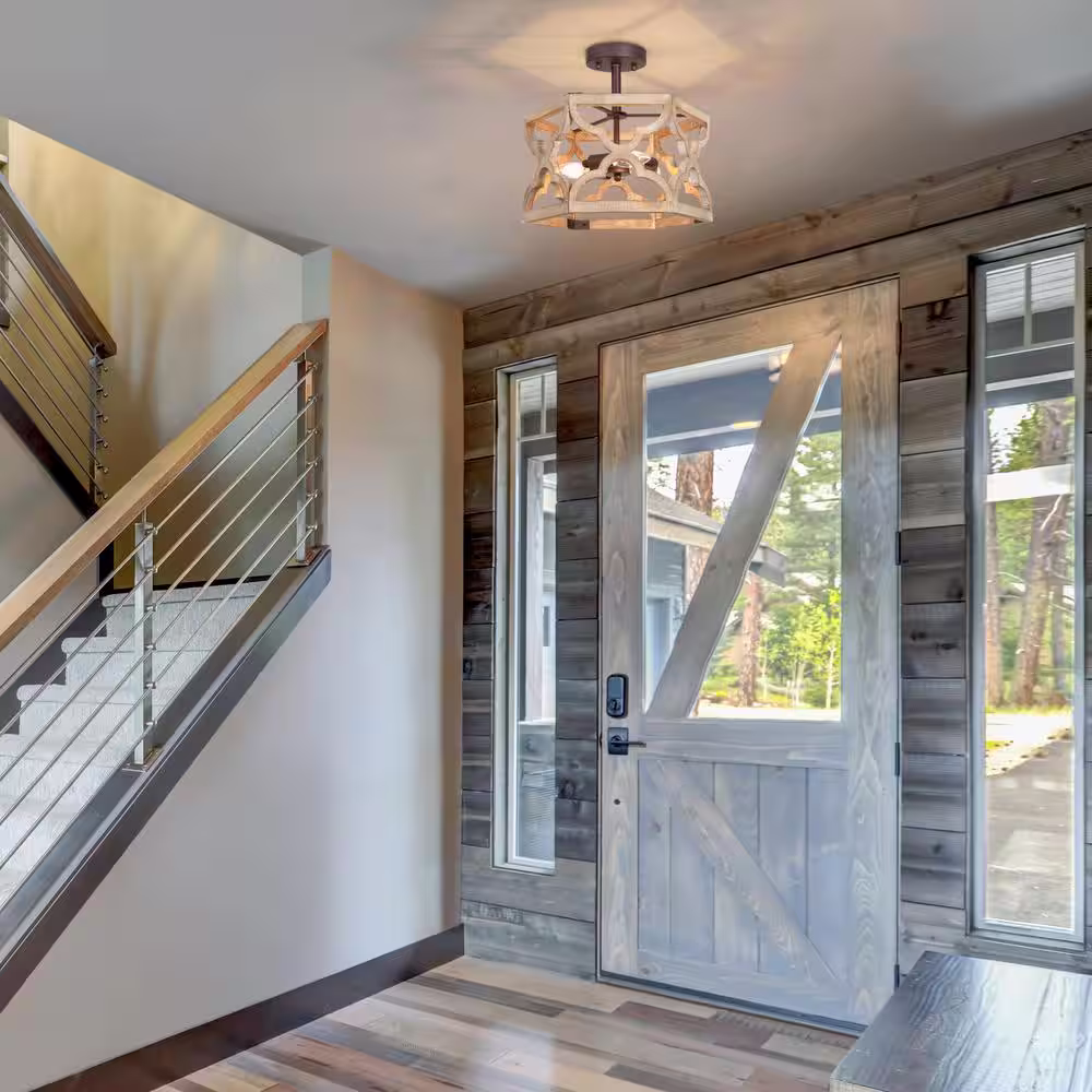 LNC Farmhouse Hexagon Antique Wood Semi-Flush Mount, Geometric 3-Light Brown Kitchen Ceiling Light with Rusty Metal Accents