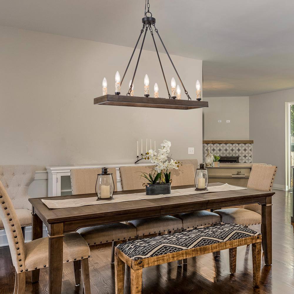 LNC Modern Farmhouse 8-Light Black & Textured Faux Wood Grain Island Chandelier Metal Candlestick Chandelier for Dining Room