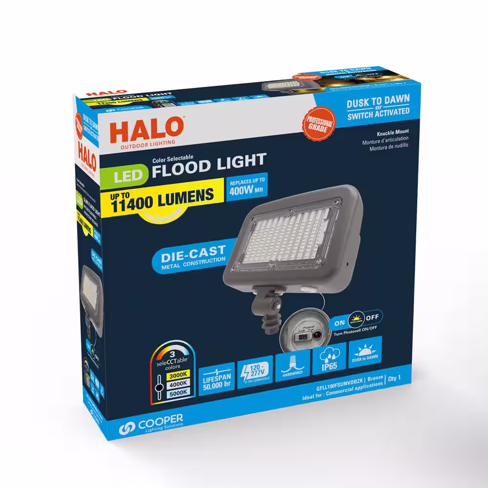 HALO Outdoor Integrated LED Large Floodlight, Bronze Finish, Selectable CCT 3000/4000/5000K, 10000 Max lumens, Dusk to Dawn