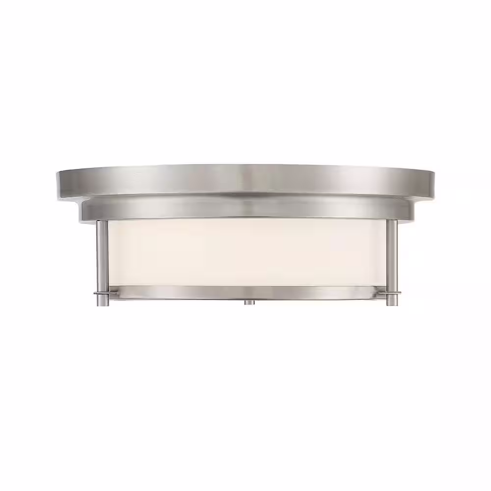 Savoy House 13 in. W x 4.5 in. H 2-Light Brushed Nickel Outdoor Flush Mount Light with White Glass Cylindrical Shade