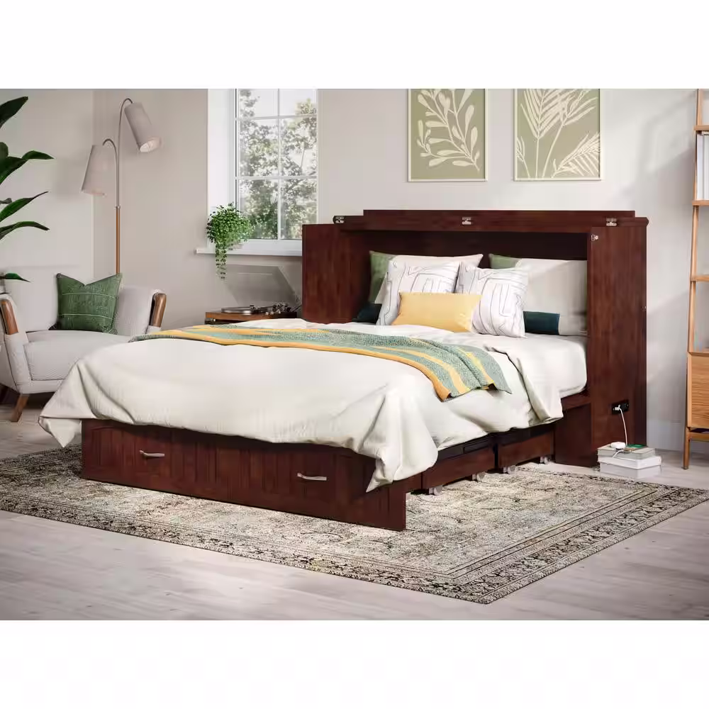AFI Aspen Queen Walnut Wood Murphy Bed Chest with Mattress, Storage and Built-in Charging