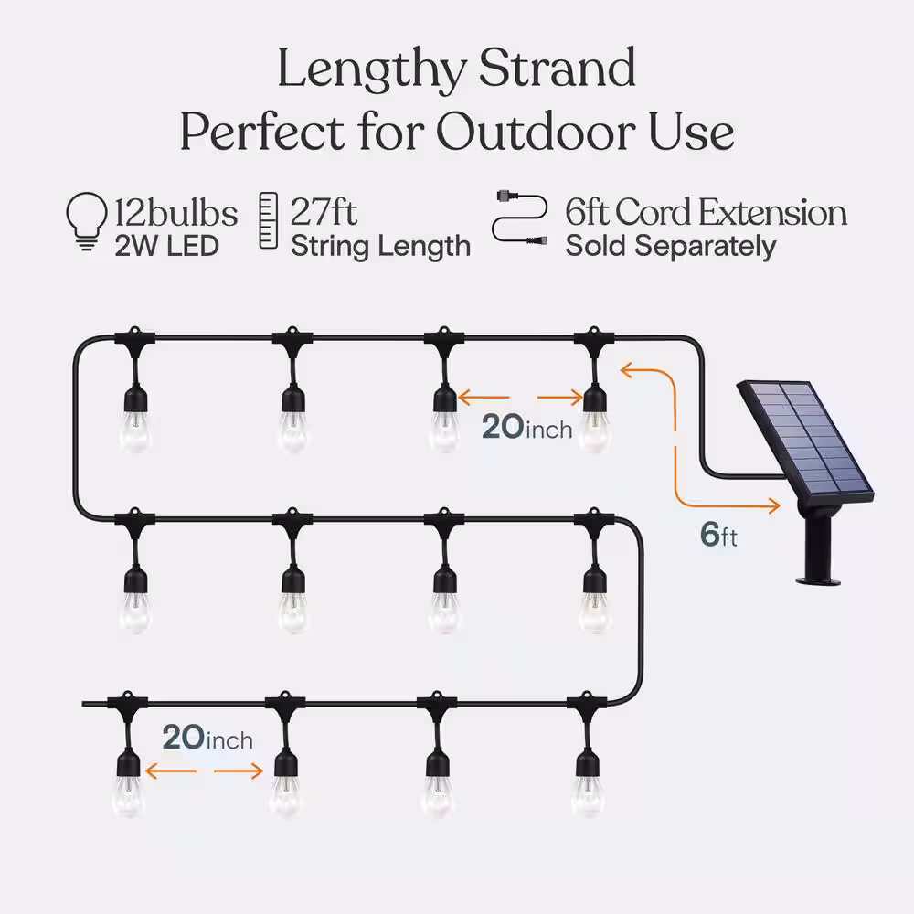 Brightech 12-Light 27 ft. Outdoor Solar S14 Edison Bulb Ambience Pro LED String Light 3000k