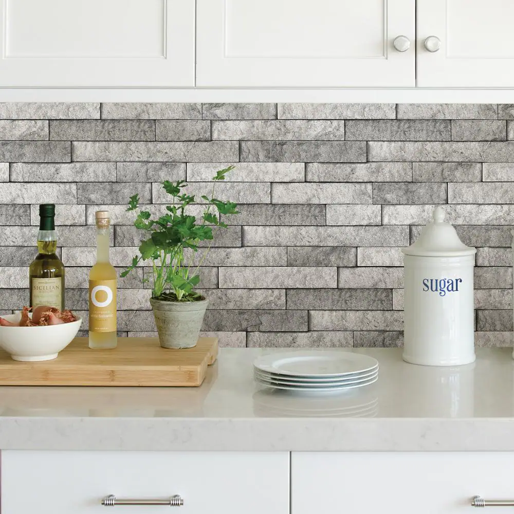 Brewster Grey Stone Wall Applique Peel and Stick Backsplash