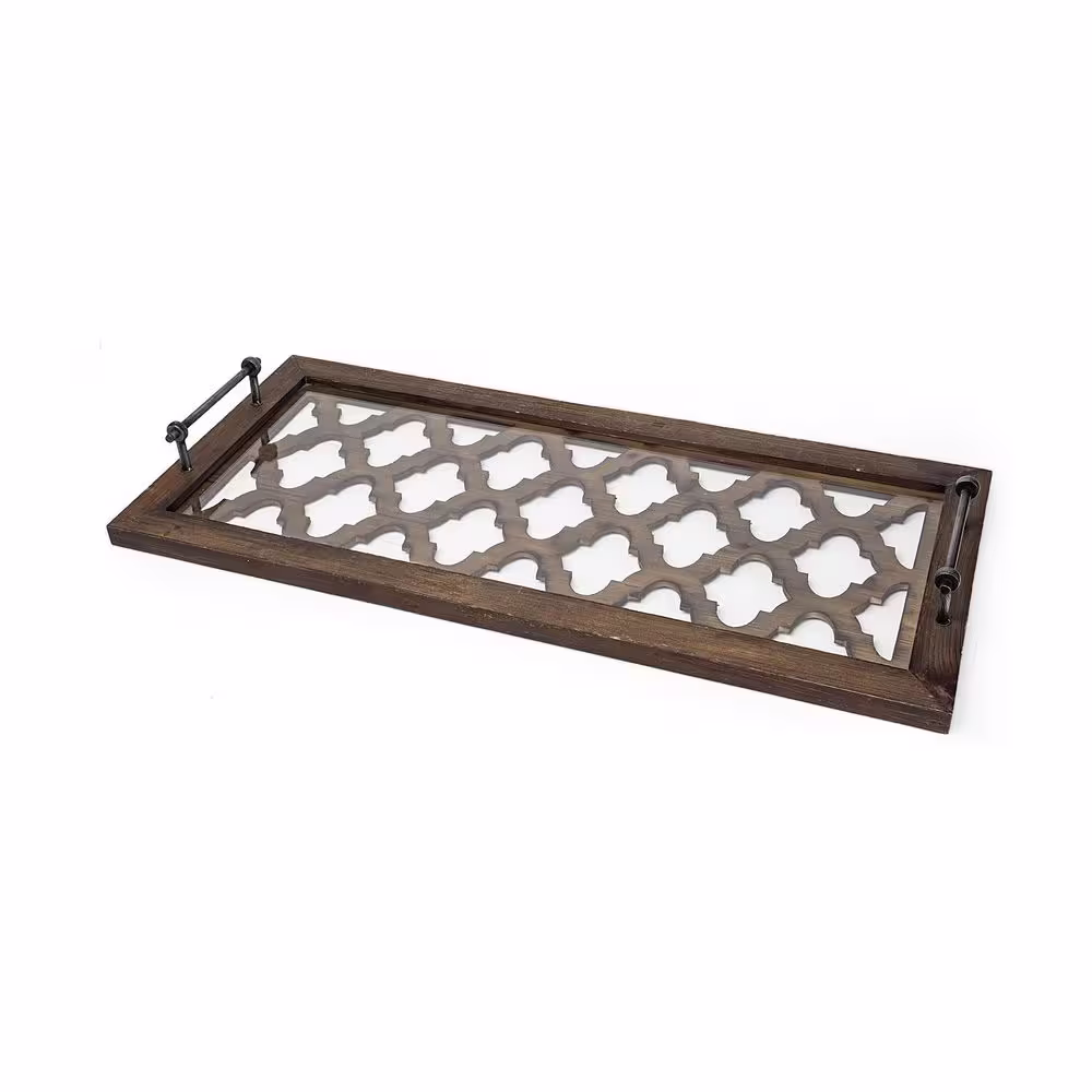 Mercana Stotonic Brown Solid Wood with Glass Top Rectangular Serving Tray