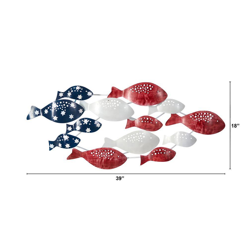 Nearly Natural 39 in. Patriotic Red, White and Blue Metal Fishes Wall Art Decor