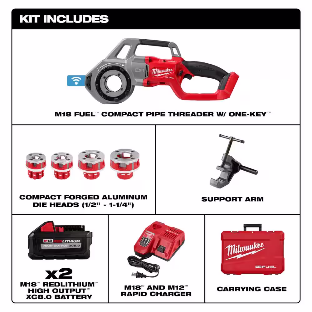Milwaukee M18 FUEL One-Key Cordless Brushless Compact Pipe Threader Kit W/(2) 8.0Ah Batteries, 1/2 in. - 1-1/4 in. Aluminum Dies