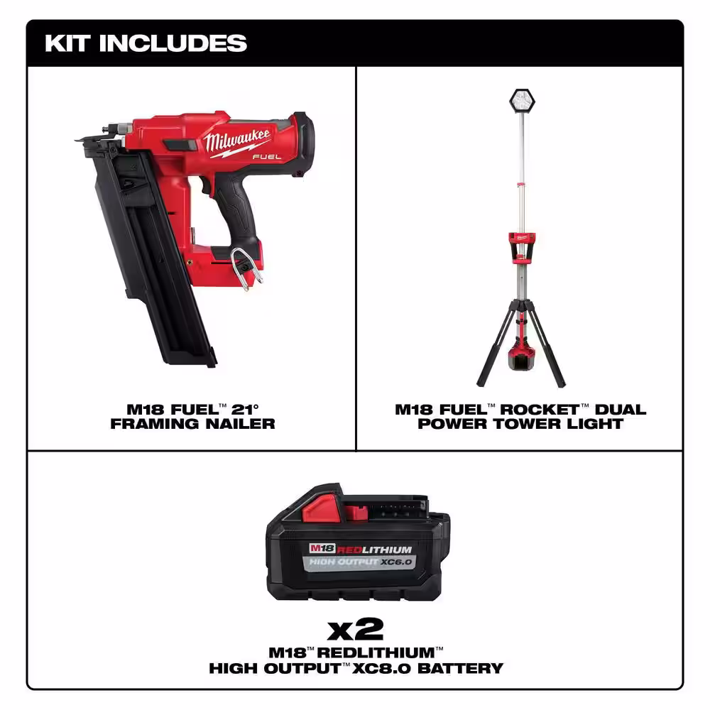 Milwaukee M18 FUEL 3-1/2 in. 18-Volt 21-Degree Lithium-Ion Brushless Cordless Nailer w/Tower Light, Two 6Ah HO Batteries