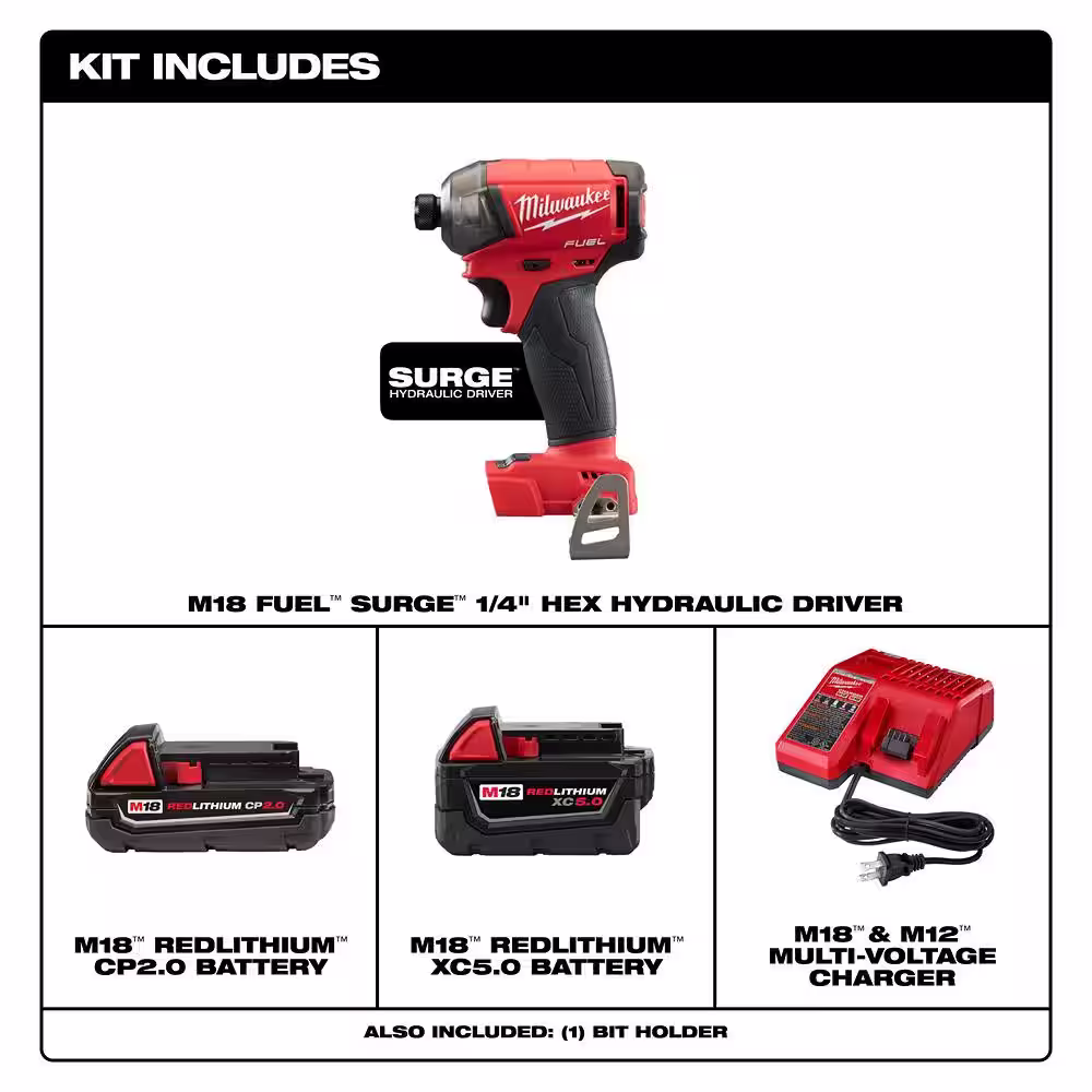 Milwaukee M18 FUEL SURGE 18V Lithium-Ion Brushless Cordless 1/4 in. Hex Impact Driver w/One 5.0Ah and One 2.0Ah Battery Charger