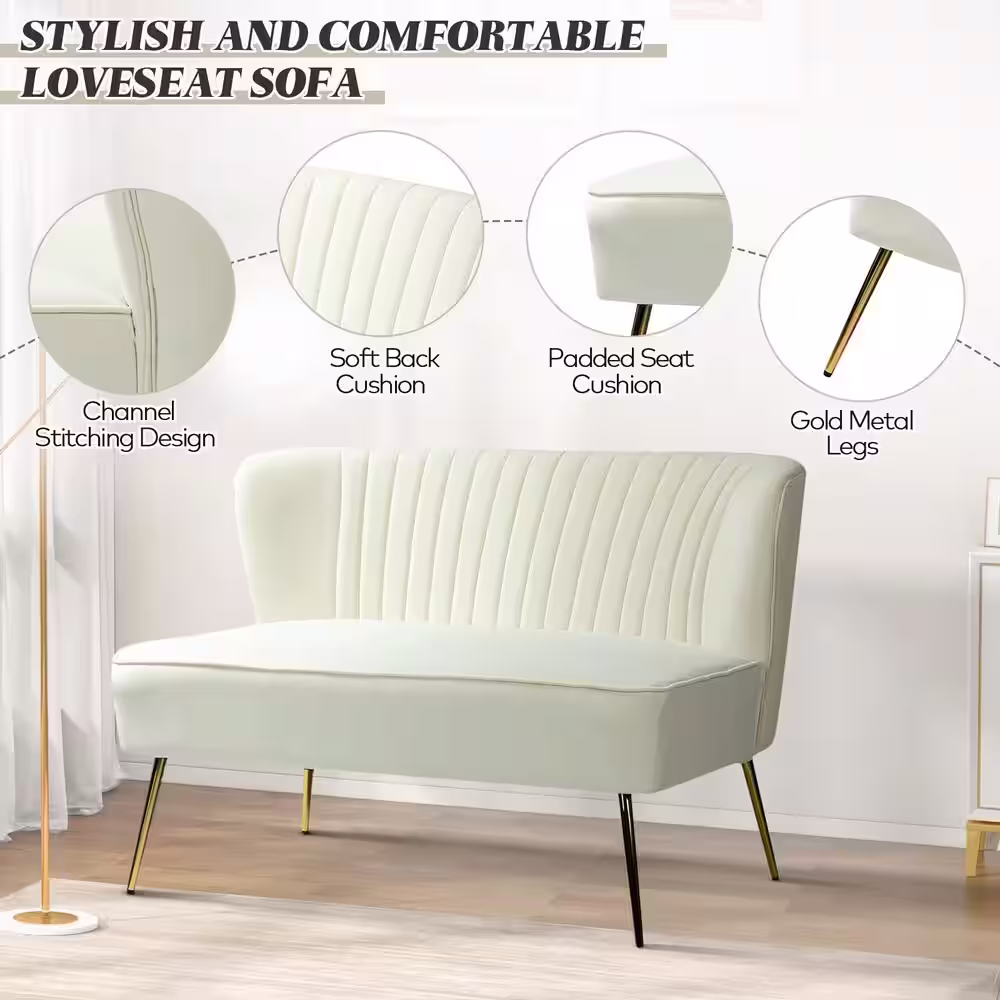 JAYDEN CREATION Carmita 47 in. Ivory Golden Base Velvet Tufted 2-Seats Loveseats Sofa