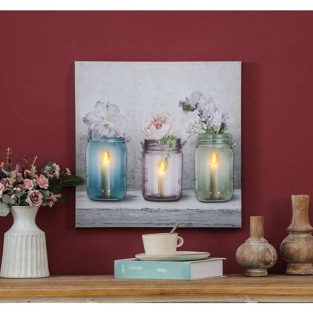 LuxenHome Multi-Color Candle Flower Jars Lighted Canvas Print Wall Applique