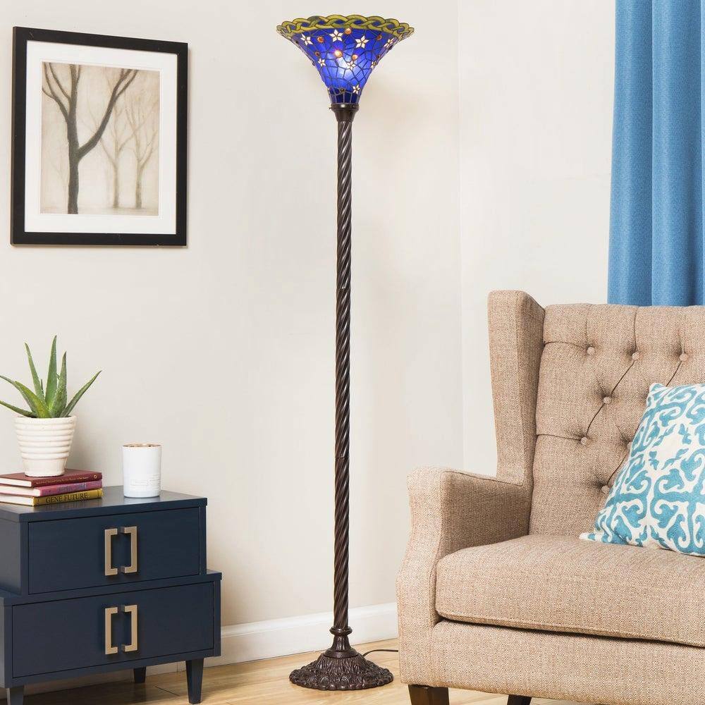 WAREHOUSE OF TIFFANY 72 in. Antique Bronze Blue Star Stained Glass Floor Lamp with Foot Switch