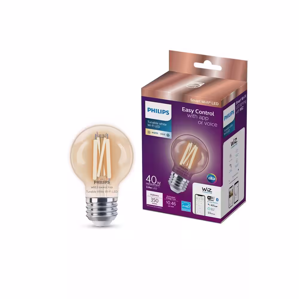 Philips 40-Watt Equivalent G16.5 Smart Wi-Fi LED Tuneable White Light Bulb Powered by WiZ with Bluetooth (2-Pack)
